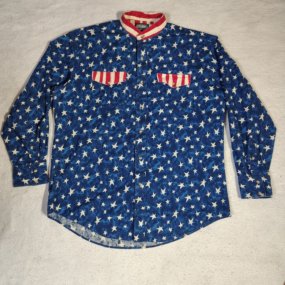 VINTAGE Roughrider Circle T Shirt Mens Large American Flag Patriotic Button Down